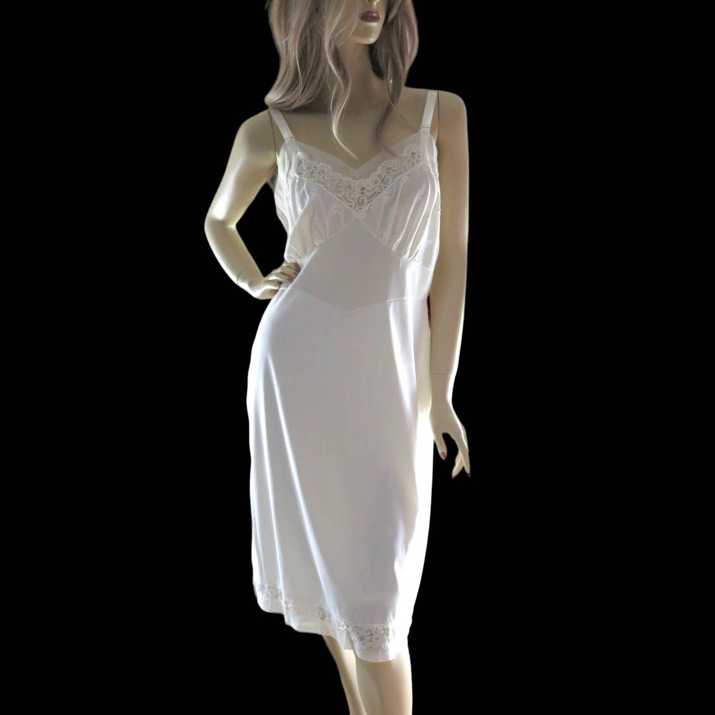 60s Ivory Nylon Embroidered Slip Dress L