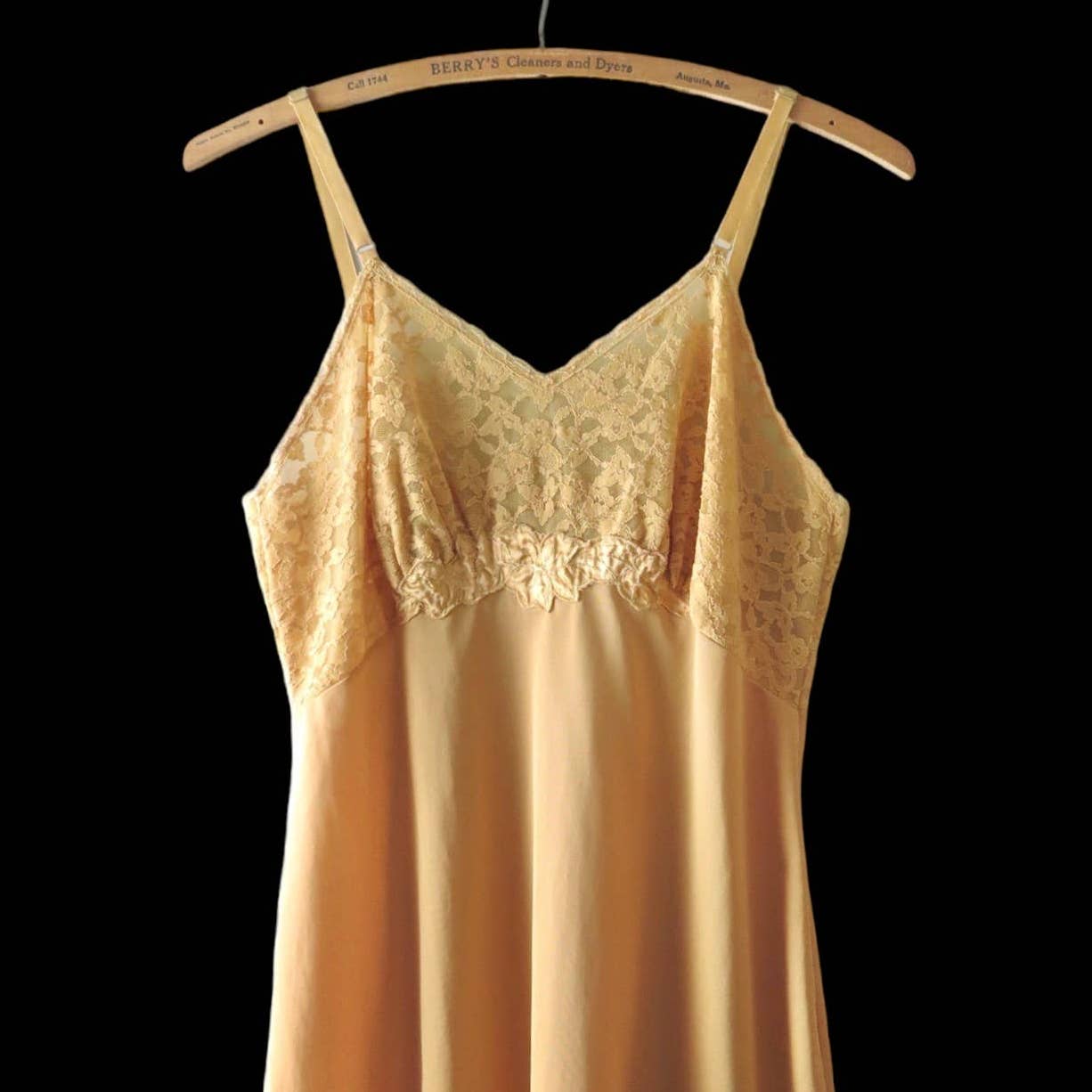 60s Vintage Autumn Gold Nylon & Lace Slip Dress S