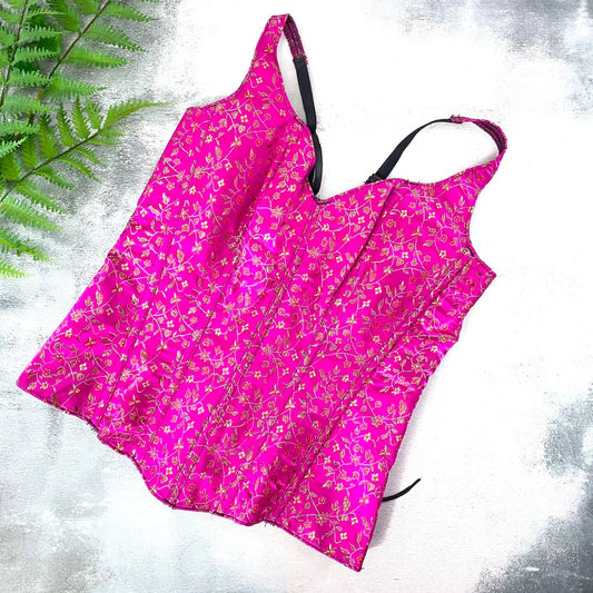 *Costume Inspiration* Y2K VTG Pink Satin Floral Brocade Corset Bustier Costume XS/S
